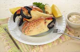 Small plate of stone crabs with lemon slice and sauce