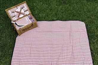 Picnic basket and blanket on lawn