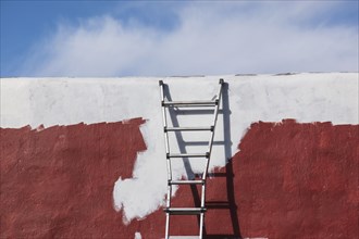 Ladder against partially painted brown and white wall