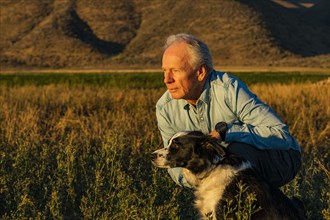 Senior man with border collie in field at sunset