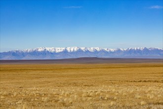 Desert and distant mountains under blue sky