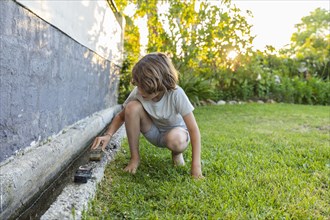 Boy with toy cars in garden