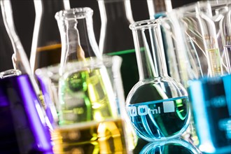 Laboratory glassware with colorful liquids