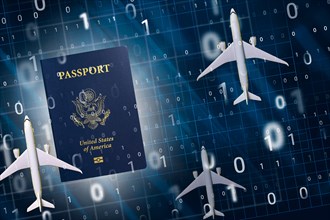 US e-passport with airplanes and binary numbers