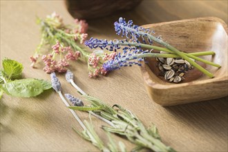 Flowers and herbs on wooden table