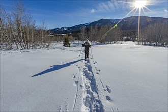 Rear view of senior blonde woman snow shoeing in snow covered landscape
