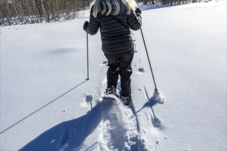Rear view of senior woman snow shoeing in snow covered field