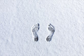 Overhead view of bare footprints in fresh snow
