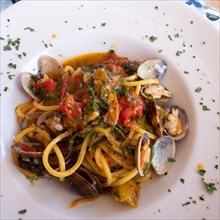 Spaghetti with tomatoes and clams
