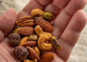Portion of assorted nuts in palm of hand
