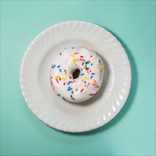 Overhead view of donut with white icing and sprinkles on white plate