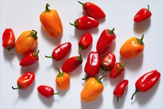 Red and orange peppers on white background