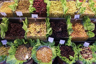 Variety of olives at market
