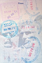 Close-up of passport stamps