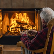 Senior man relaxing in front of wood burning fireplace