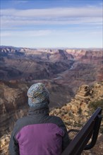 Rear view of female tourist sitting on bench in Grand Canyon National Park