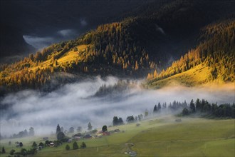 Foggy rolling landscape in Carpathian Mountains at sunset