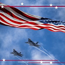 Two jet fighters and American flag against sky