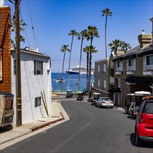 View down street to Avalon Harbor where cruise ship is docked