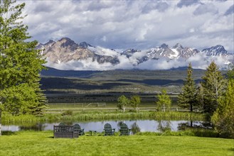 Scenic landscape with pond and Sawtooth Mountains