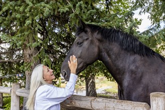 Senior woman stroking cheek of large Percheron draft horse