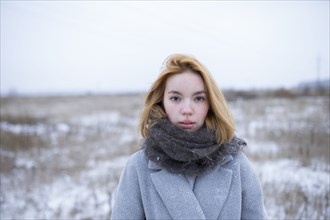Portrait of young woman standing in snowy landscape