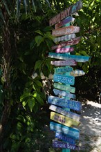 USA, United States Virgin Islands, St. John, Colorful wooden signpost