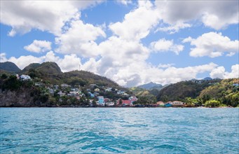 Fishing village in hilly landscape, , West Indies, St Lucia