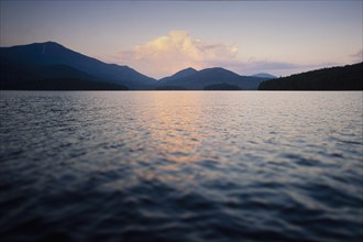 Whiteface Mountain and Lake Placid at dusk, Lake Placid, New York, USA