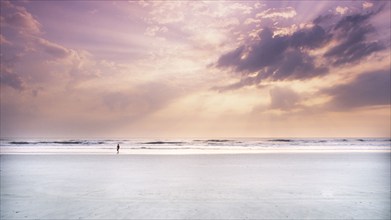 Silhouette of boy on beach at sunrise, Ponte Vedra Beach, Florida, USA