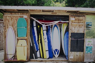 Surfboards and body boards in a shack, St. John, United States Virgin Islands, USA