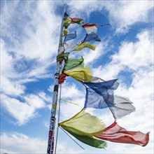 Prayer flags fluttering in wind atop Carbonate Mountain, Hailey, Idaho, USA