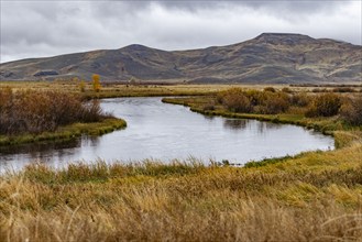 Quiet waters of Silver Creek with mountains in distance, Bellevue, Idaho, USA