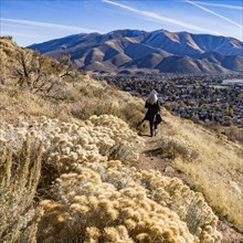 Rear view of woman hiking on Carbonate Mountain trail, Hailey, Idaho, USA