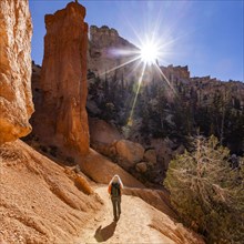 Rear view of woman hiking in Bryce Canyon National Park on sunny day, , Utah, USA