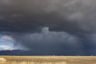 Dramatic storm clouds over field, Fairfield, Idaho, USA