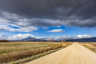 Dark storm clouds over dirt road crossing field, Fairfield, Idaho, USA