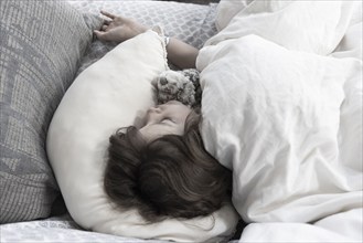 Overhead view of boy sleeping with stuffed toy in bed, Lamy, New Mexico, USA