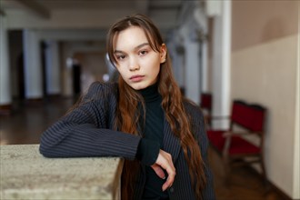 Portrait of woman standing in hallway, Novosibirsk, , Russia