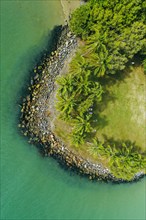 Drone view of tropical island and turquoise sea, Port Douglas, Queensland, Australia