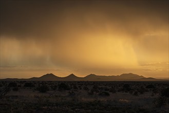 Usa, New Mexico, Santa Fe, Storm and rain over Cerrillos Hills at sunset, Santa Fe, New Mexico, USA