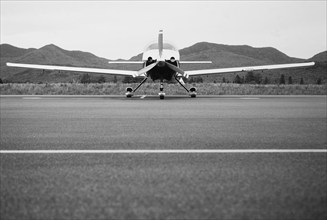 Single engine airplane at rural airport, Lake Placid, New York, USA