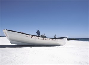 USA, NJ, Lifeguard boat on beach at Spring Lake, Spring Lake, New Jersey, USA