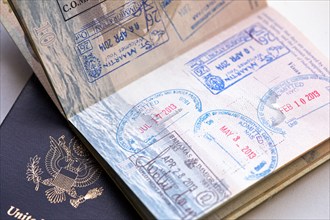 Studio shot of US passports with stamps, New York, New York, USA