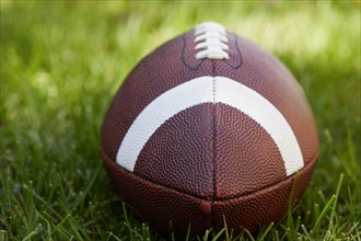 American football ball on field, New York, New York, USA