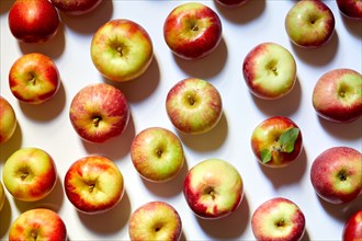 Overhead view of apples on white background, New York, New York, USA