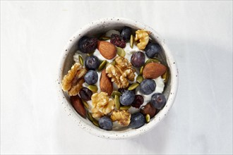 Overhead view of bowl of yogurt with berries and nuts, New York, New York, USA