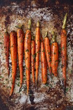 Overhead view of baked carrots on baking sheet, New York, New York, USA