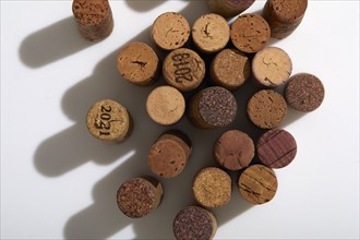 Overhead view of various wine corks, New York, New York, USA