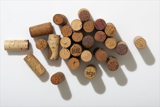 Overhead view of various wine corks, New York, New York, USA